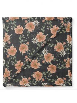 Mini Wander - baby swaddle 120 x120 - Peony Blooms, Charcoal Gray. Mini Wander baby's cotton muslin. Beautiful print pattern.