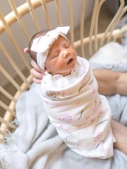 Cotton Embe Pink Clustered Flowers bow headband for newborns through five months old.