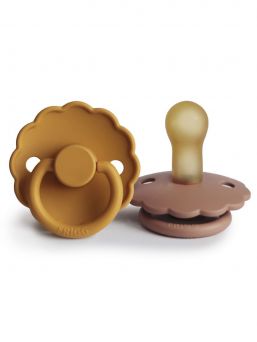 FRIGG Daisy 2-pack Baby´s pacifier, Honey Gold/Rose Gold. The Danish FRIGG silicone pacifiers are anatomically shaped.