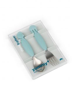 The cute Done By Deer Jelly fork and Wally spoon have soft anti-slip handles.