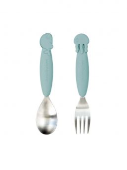 The cute Done By Deer Jelly fork and Wally spoon have soft anti-slip handles.