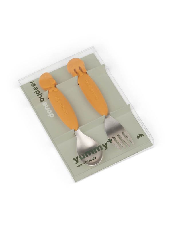 The cute Done By Deer Jelly fork and Wally spoon have soft anti-slip handles.