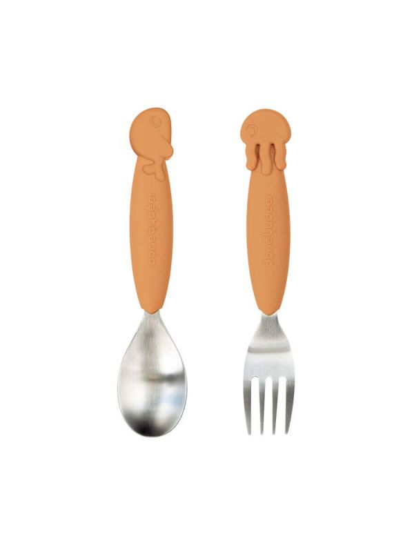 The cute Done By Deer Jelly fork and Wally spoon have soft anti-slip handles.