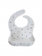 Mushie silicone bib is classic and timeless. Easy to clean and you can roll it along the way.