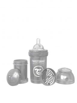 Twistshake pearl grey baby bottle is perfect to use in combination with regular breastfeeding. Every Twistshake contains a practical container as well as a mixing net.