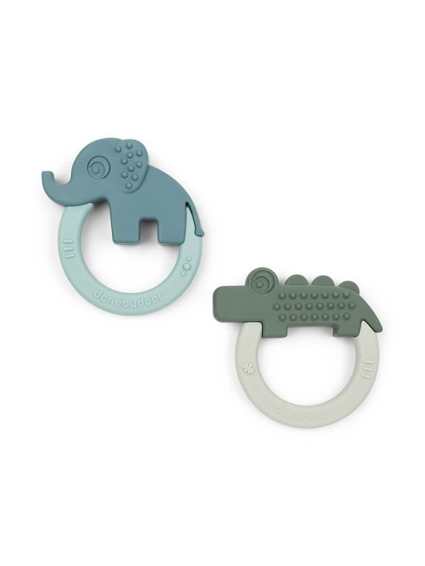 Set with two soft silicone teethers shaped as the Deer friends Croco and Elphee. The teethers are easy for little hands to hold and the different shapes and textures will help stimulate and soothe itchy gums.