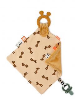 Done By Deer Raffi Mustard comfort teether with chew toy and pacifier holder.