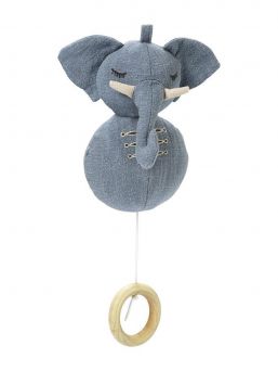 Elodie Details soft elephant musical mobile with beautiful melody. Adorable denim elephan with a drawstring for a beautiful melody.