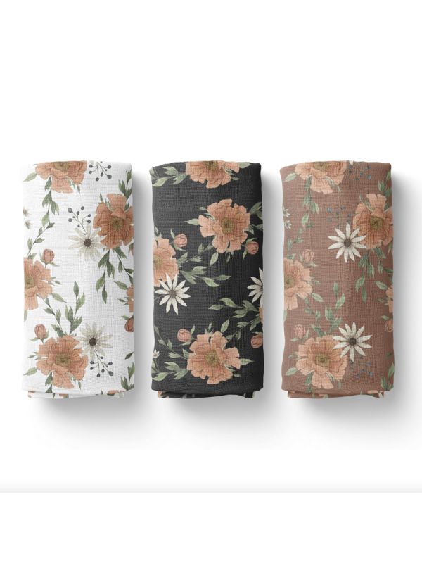 Mini Wander - baby swaddle 120 x120 - Peony Blooms, Charcoal Gray. Mini Wander baby's cotton muslin. Beautiful print pattern.