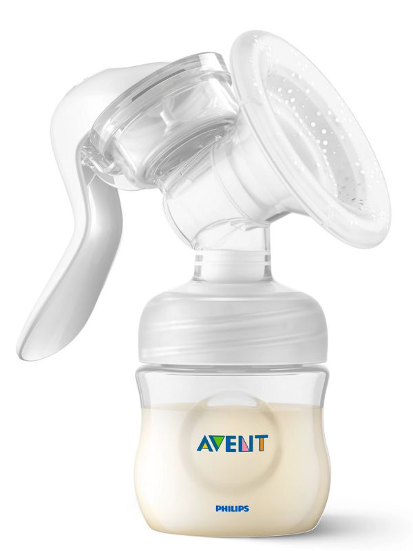 AVENT Natural Manual breast pump has a unique design, so your milk flows directly from your breast into the bottle, even when you are sitting up straight. This means you can sit more comfortably when pumping. Cleaning is easy, thanks to the small number of separate parts. All parts are dishwasher proof.