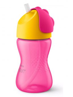 Philips Avent straw bottle for kid. Easy to drink - the child can turn the handle and the straw pops up. It doesn't spill, so you can safely take it with you.  