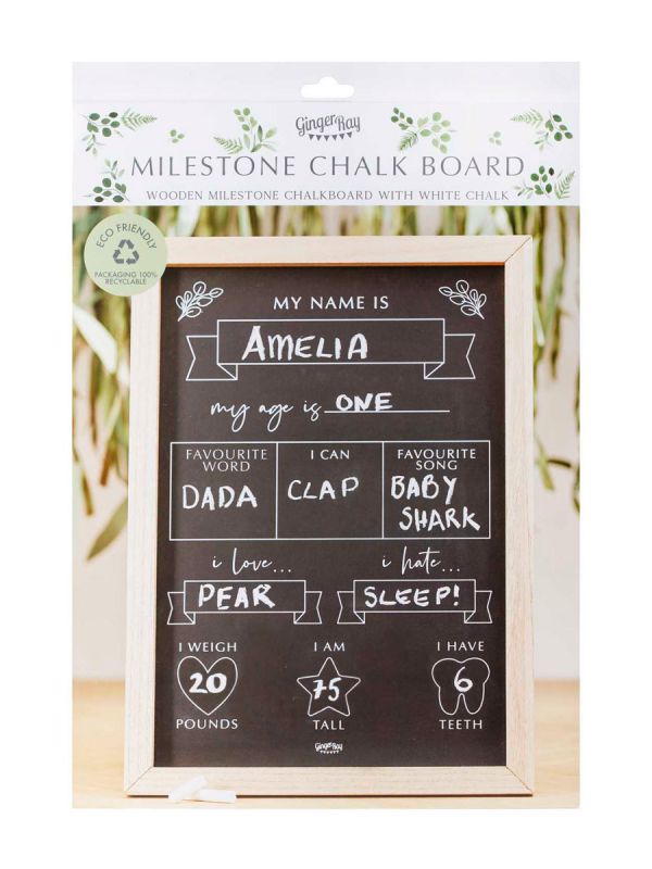 Ginger Ray Baby Milestone Chalkboard Sign. Keep track of your new arrivals development with this baby milestone tracker chalkboard.