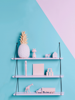 Beautiful Babou 3 shelve that is really easy to install. A spectacular detail of home furnishings in the office or in the kidsroom.  Easy to install: Attach the screws and hang the shelves to the clips.  A safe choice for the kid's room as wooden shelves are painted with water-borne paint.