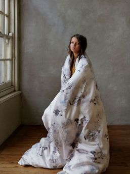 Bedding set. Mrs Mighetto x Jimmy Cricket co-created a really beautiful print for a light bed; Oh Cloud. Super soft cotton satin.