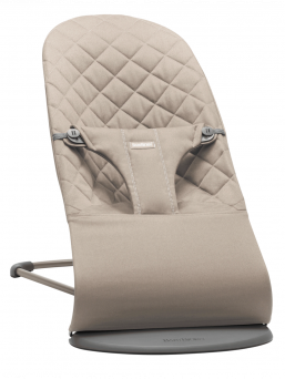 babybjorn-bouncher-bliss-cotton-sand-grey. BabyBjörn Bliss bouncher. Cotton fabric cover that can be easily removed and machine washed. The BabyBjörn Bliss sitter has three positions for use and a folding position for transport and storage.