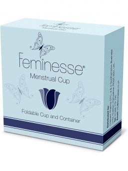 Feminesse menstrual cup. A menstrual cup is a cup-shaped menstrual protection made of silicone or natural rubber that is placed in the vagina during menstruation. Ideal for use during menstruation for an active lifestyle, for example all kinds of sports, travel and daily use, without the fear of leaks.