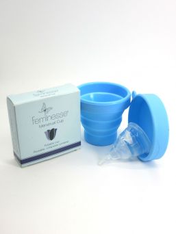 Feminesse menstrual cup. A menstrual cup is a cup-shaped menstrual protection made of silicone or natural rubber that is placed in the vagina during menstruation. Ideal for use during menstruation for an active lifestyle, for example all kinds of sports, travel and daily use, without the fear of leaks.