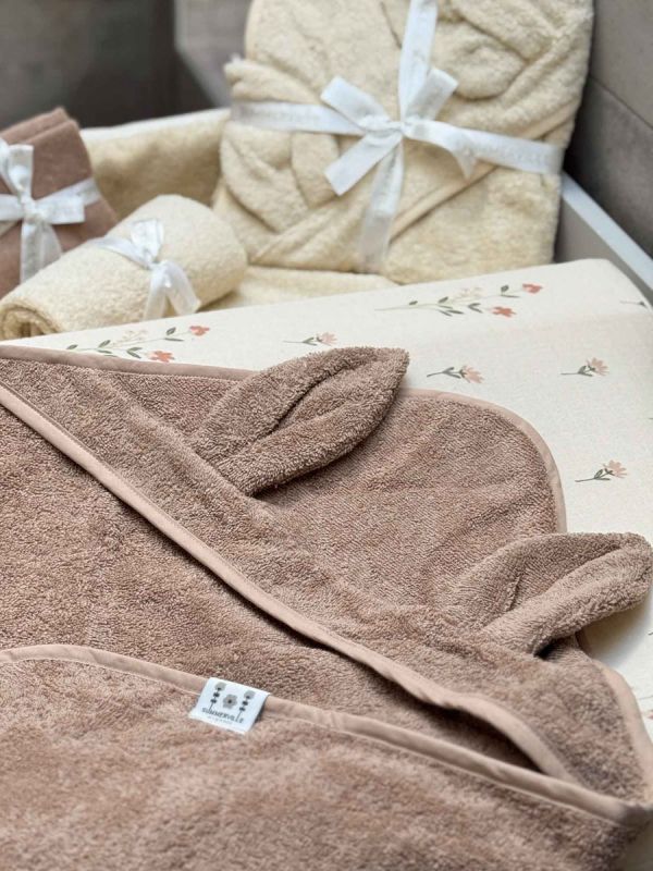 Towel with hood for baby, rabbit warm taupe