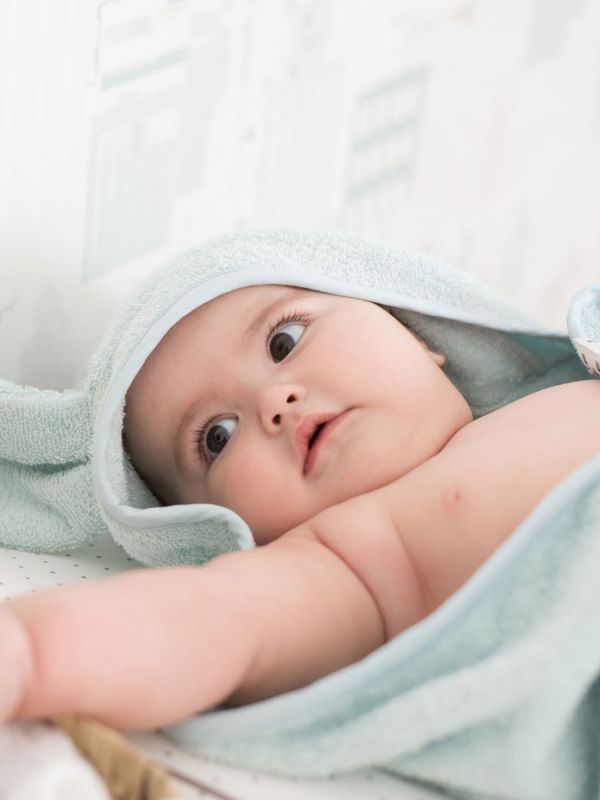 Towel with hood for baby, rabbit ice blue