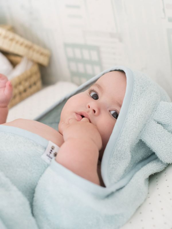 Towel with hood for baby, rabbit ice blue
