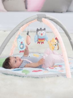 Our adorable Activity Gym features soft linen and patterned arches and includes a matching supportive Tummy Time pillow.  Five hanging toys attach to 13 easy-to-hang loops offering irresistible multi-sensory play for baby at every stage of development. A mirror and built-in sounds and textures on the mat add to the fun.