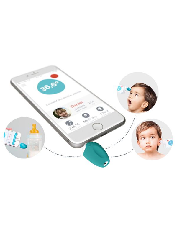 The modern Oblumi Tapp thermometer that measure temperature accurate with infrared light, both in the ear and on the forehead!