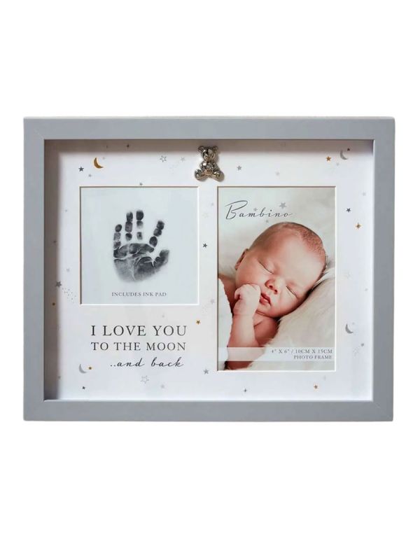 Hand and footprint frame My First with ink, grey