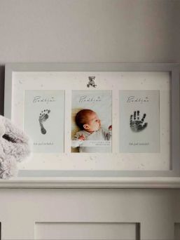 Hand and footprint frame My First with ink, grey