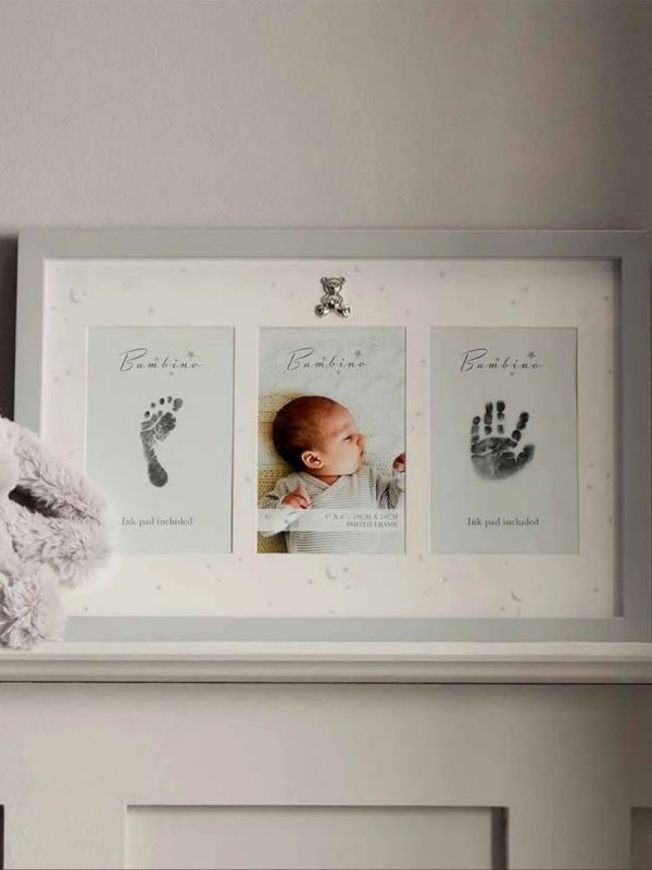 Hand and footprint frame My First with ink, grey