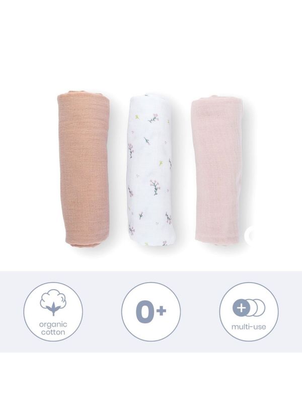 Organic Cotton Muslin Cloths 3-Pack, flower pink | DOOMOO