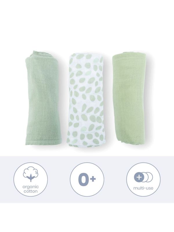 Organic Cotton Muslin Cloths 3-Pack, leaves green | DOOMOO