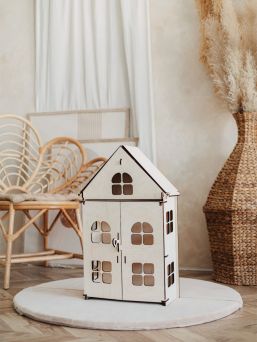 Natural wooden dollhouse with opening front