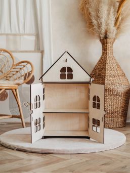Natural wooden dollhouse with opening front
