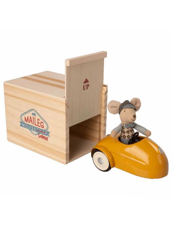 Maileg racing driver mouse and yellow racing car - play set with garage