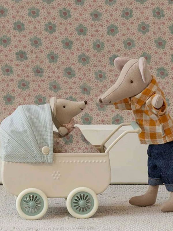 Maileg pram mint green and baby mouse - cute vintage-style children's toy prams