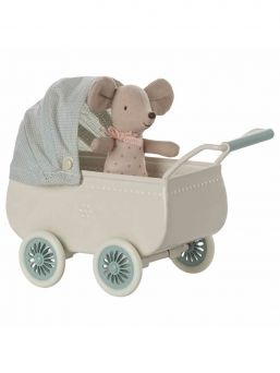 Maileg pram mint green and baby mouse - cute vintage-style children's toy prams