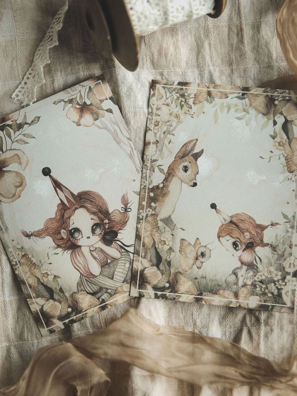Mrs Mighetto - cards 2-PACK - The Floral Glade. Mrs Mighetto The Floral Glade two card pack. You can use the cards as small decorative boards or as a wonderful postcard and birthday card.