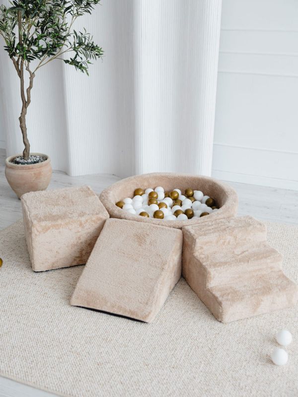 Padded ball pit, play area, slide and stairs - Teddy Beige