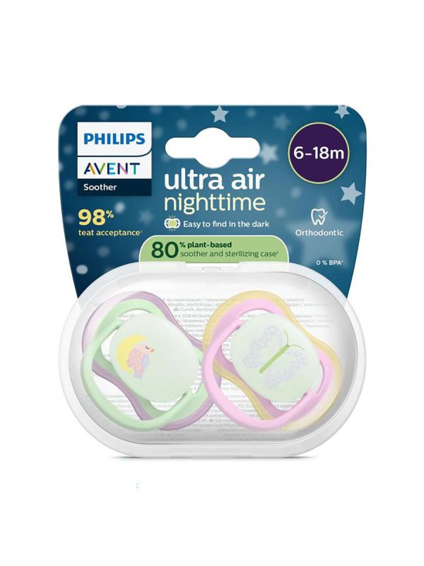 Glow-in-the-dark Ultra Air Night pacifier 6-18 months 2pcs, lila/pink