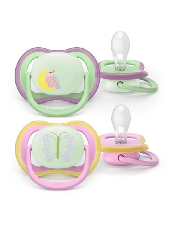 Glow-in-the-dark Ultra Air Night pacifier 6-18 months 2pcs, lila/pink