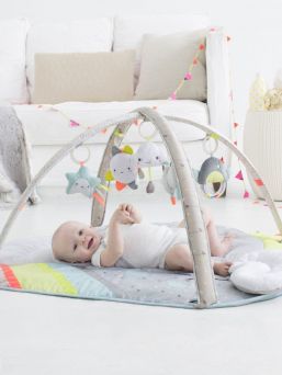 Every cloud has a silver lining and this dreamy baby activity gym is no exception! Offering hours of plush playtime, it features a soft color palette to complement modern decor along with pops of bright colors to stimulate baby's sight. Five celestial-themed hanging toys will engage baby with lights, music and other stimuli while the cushy mat offers ultimate, cloud-like comfort. When it comes to baby's enjoyment, the sky's the limit!