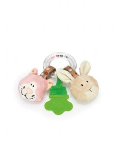 This great Diinglisar ring rattle comes with a teether and two animals attached. Animals makes a squeaky and a crunchy noise when squeezed. Not only that but the balls inside the clear ring also make a rattle sound.