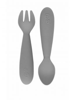 Silicone MINI first spoon and fork, grey | EZPZ. Learning how to eat is an important developmental step, and the EzPz MINI silicone spoon and fork are designed to help with this stage of development.