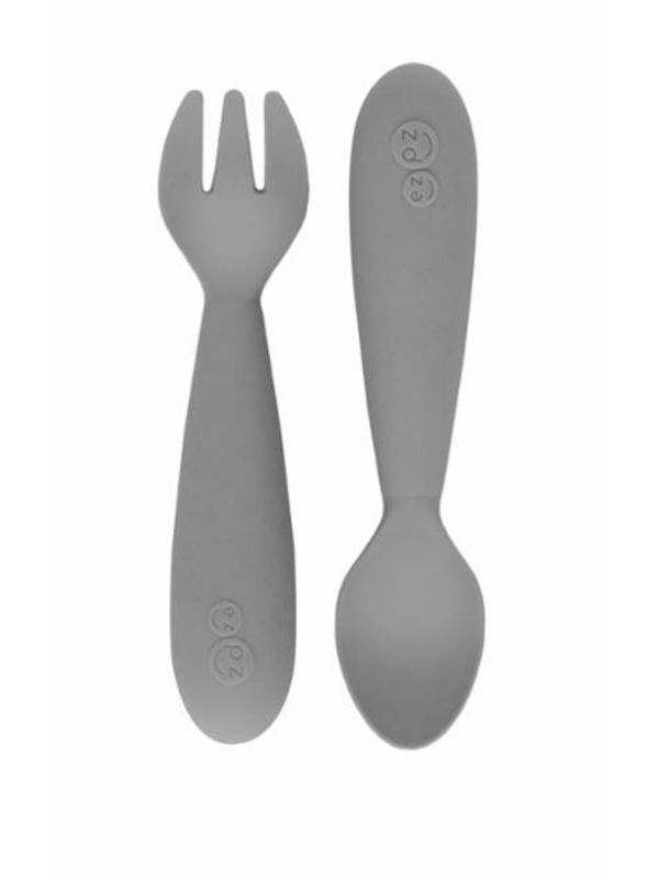 Silicone MINI first spoon and fork, grey | EZPZ. Learning how to eat is an important developmental step, and the EzPz MINI silicone spoon and fork are designed to help with this stage of development.