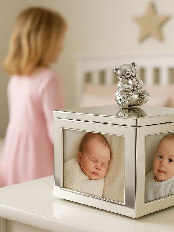 A beautiful silver-plated music box, bear