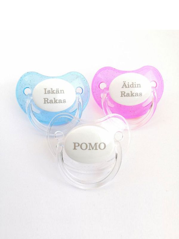 Name pacifier with the child´s own name or other desired text.